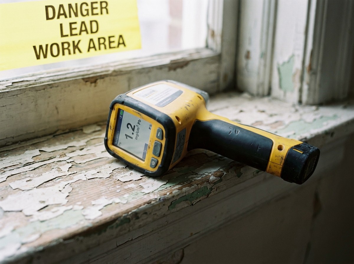 XRF lead paint analyzer testing a chipped window sill for lead in an NJ apartment
