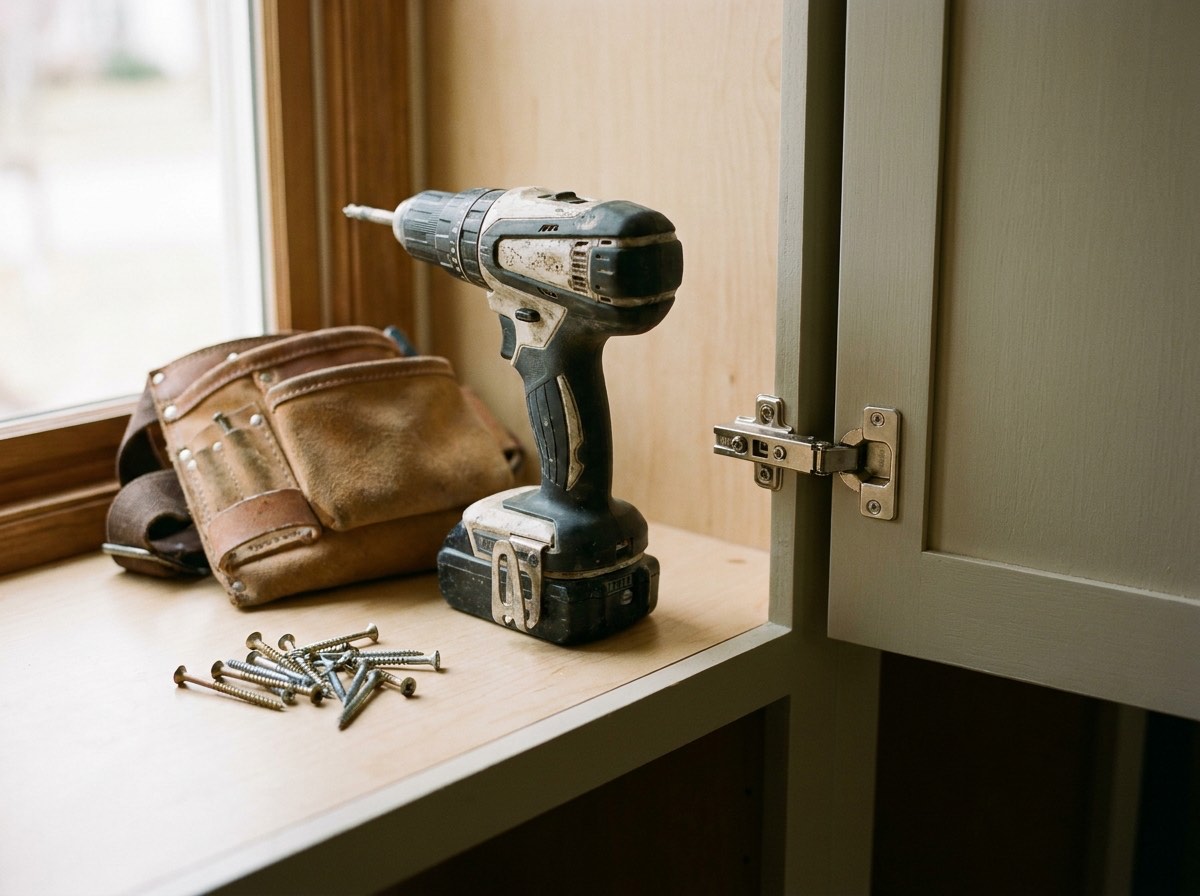 Cordless drill and tool belt inside a newly installed cabinet during a South Jersey home renovation