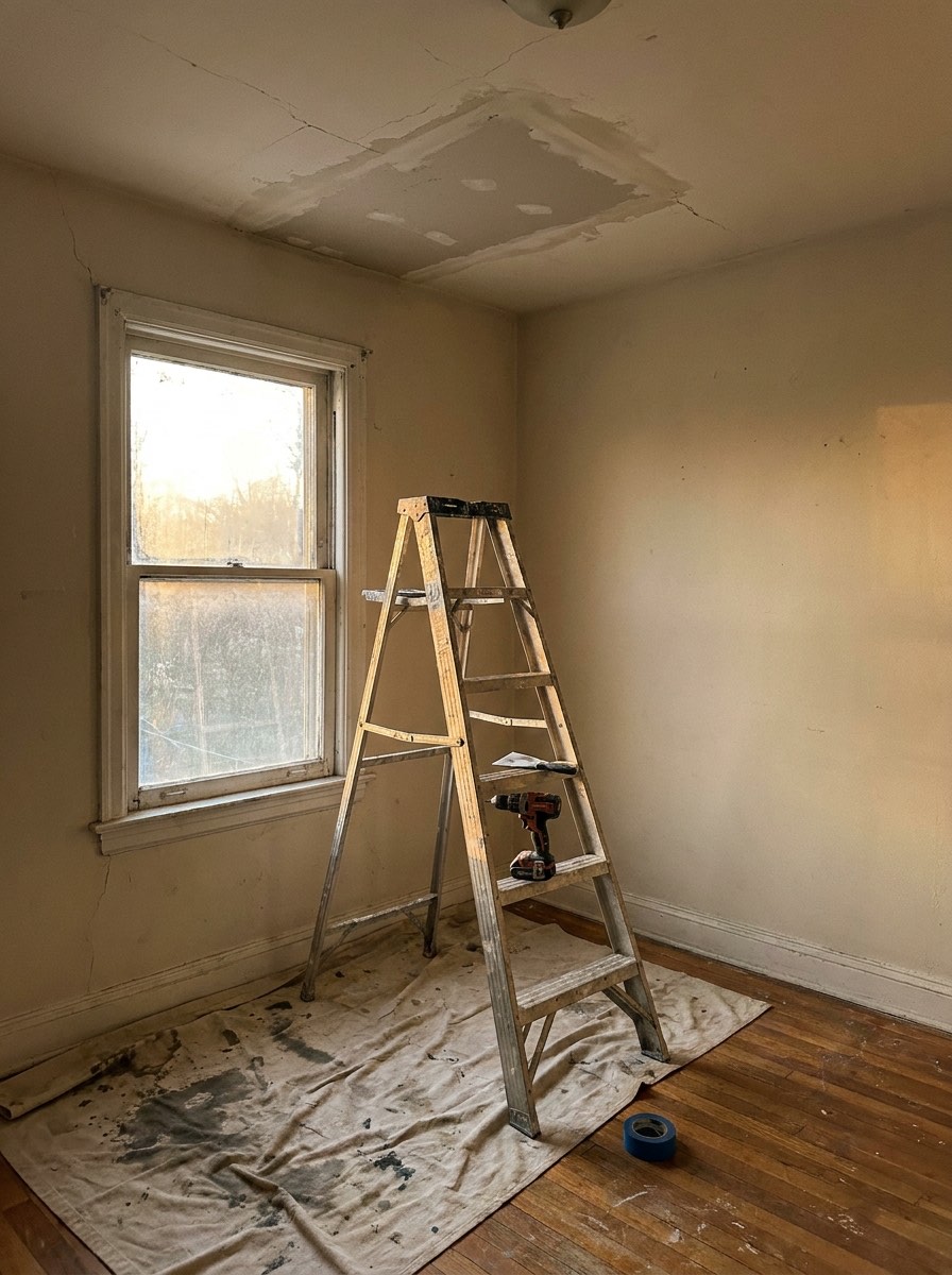 Ladder, cordless drill, and drop cloth in a South Jersey apartment mid unit-turn