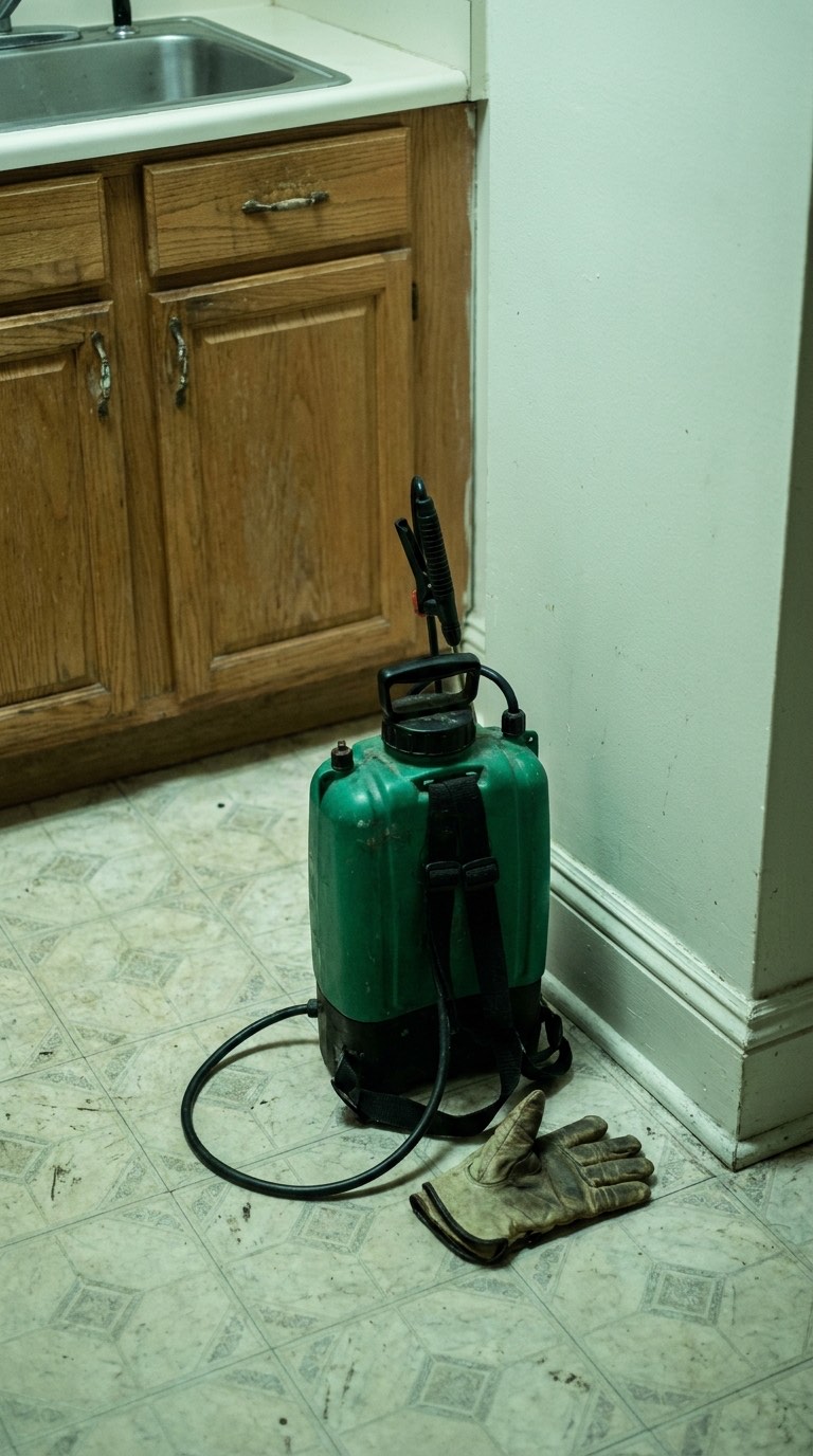 Backpack sprayer and work gloves set for pest treatment in an apartment kitchen