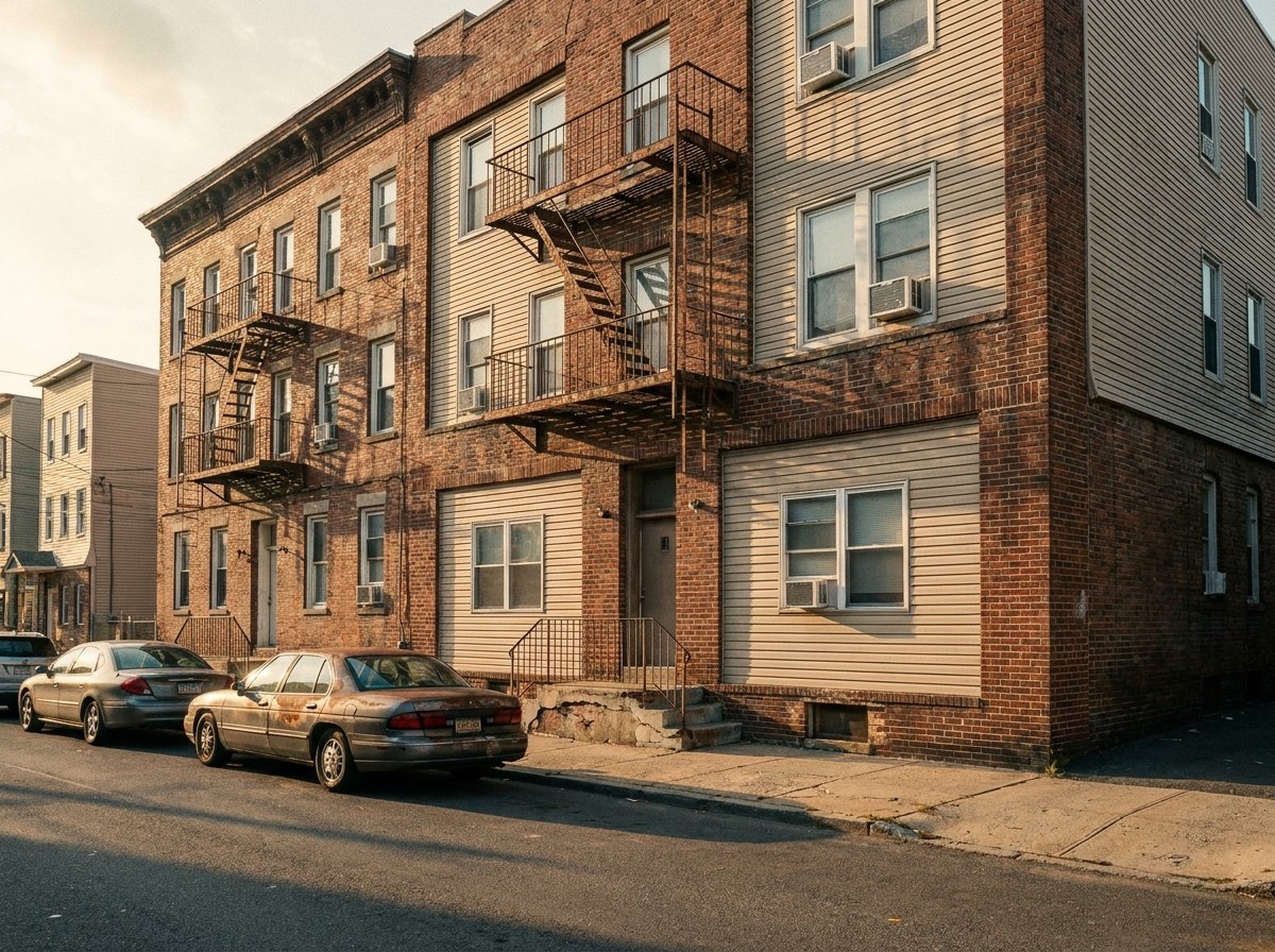 Aging multi-family brick apartment building with fire escapes in New Jersey