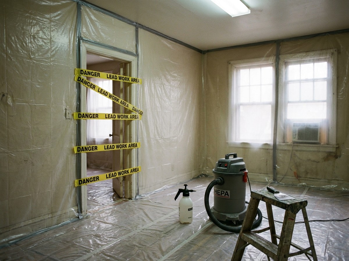 Sealed lead abatement containment area with HEPA vacuum and Danger Lead Work Area tape
